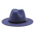 Detailed close-up of navy blue wool fedora hat with a classic black leather belt buckle band - Navy Blue