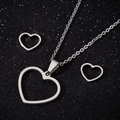 Three-piece silver hollow heart pendant necklace and stud earrings set on dark background - Style 044 (Geometric Hollow Heart) / Steel