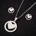 Silver stainless steel jewelry set featuring a hollow heart necklace and round stud earrings - Style 036 (Heart in Circle) / Steel
