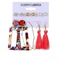 Set of 6 gold earrings featuring red tassels, resin hoops, and pearl studs on a card - Colorful Geometric Resin Red Tassels Style (HJ377-5)
