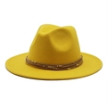 Classic yellow wool fedora hat with brown leather cord and gold bead accents - M (55-58cm) / Yellow