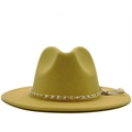 Elegante cappello fedora in lana gialla a tesa larga con catena di perle e nappina decorata - M (56-58cm) / Giallo