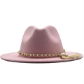 Elegant pink wool fedora hat with decorative pearl gold chain and stylish tassel detail - M (56-58cm) / Pink