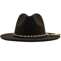 Elegant brown wool fedora hat with gold chain, white pearls and stylish long tassel detail - M (56-58cm) / Coffee