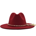 Cappello elegante in lana bordeaux a tesa larga con catena di perle e nappine - M (56-58cm) / Rosso