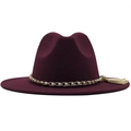 Close-up of wine red fedora hat featuring pearl gold chain and tassel detail - M (56-58cm) / Burgundy