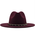 Elegant burgundy wool fedora hat featuring a stylish black and gold chain band decoration - M(56-58cm) / Burgundy