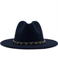 Close-up of navy blue wool fedora hat featuring a gold and black chain band detail - M(56-58cm) / Navy Blue