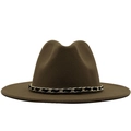 Brown wide brim wool fedora hat with black and gold chain band detail - M(56-58cm) / Khaki