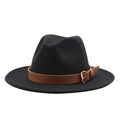 Sombrero Fedora clásico de lana negra con banda de cuero marrón y hebilla dorada de otoño - M (55-58cm) / Negro