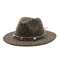 Leopard print wide brim fedora hat with ethnic woven band and turquoise bead accents - M (56-59cm) / Army Green