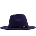 Chapeau fedora en feutre de laine violet foncé avec bord plat et ceinture en cuir noir - Violet
