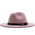 Chapeau fedora en laine rose avec ruban en cuir noir et boucle en métal argenté - Rose