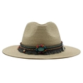Detail of straw fedora hat featuring ethnic beaded band, turquoise stone, and fringe - M (56-58cm) / Beige