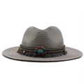 Detail of grey bohemian straw hat with turquoise beads and tassel decoration - M (56-58cm) / Gray