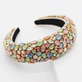 Detailed view of baroque headband with colorful rhinestones on black fabric base - Green