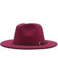 Elegant dark rose red wool fedora hat with brown leather band and gold buckle - Rose Red