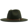 Forest green wool fedora hat with a flat brim and brown leather belt buckle detail - M (56-58cm) / Green