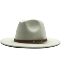 Classic light grey wool fedora hat with brown leather band and gold buckle detail - White