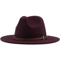 Classic burgundy wool felt fedora hat featuring a brown leather band and gold buckle - Burgundy