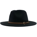 Detail of black wool fedora featuring a brown leather band and gold horseshoe buckle - Black