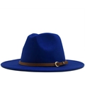 Royal blue wool fedora hat with decorative brown leather band and gold metal buckle - M (56-58cm) / Blue