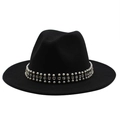Classic black wool felt fedora with elegant pearl and rhinestone hatband embellishment - M (55-58cm) / Black