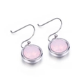 Elegant silver metal drop earrings featuring faceted round pink stones with long ear hooks - Pink Synthetic Opal