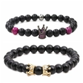 Matte and glossy black stone bead bracelets with purple cat eye and crown charms - Gun Black Crown Rose Red Set