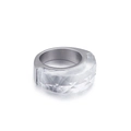 Silver wide band stainless steel ring with a faceted transparent geometric crystal - White (KR44972-K)