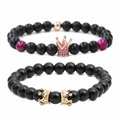 Frosted black stone crown bracelets with purple accents and rose gold zircon charms - Rose Gold Crown Rose Red Set