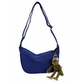 Navy blue crescent canvas crossbody bag with adjustable strap and plush monkey charm - Blue without Frog