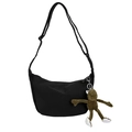 Borsa a tracolla a mezzaluna in tela nera con cinturino regolabile e ciondolo di peluche - Nero con ciondolo a rana