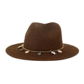 Sombrero de paja marrón con cadena dorada y adornos de mar para protección solar playa - 58cm / café