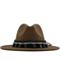 Detail of bohemian fedora hat with ethnic woven band and turquoise beaded charms - Khaki