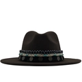 Dark brown wide brim wool fedora hat with bohemian turquoise and coin decorative band - Coffee