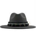 Mid-grey wool fedora hat featuring ethnic turquoise beads and bohemian coin charms - Gray
