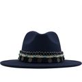 Dark blue wool fedora hat with bohemian ethnic ribbon and turquoise bead accents - Navy Blue