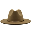 Camel wool fedora hat with flat wide brim and decorative gold metal buckle accent - Camel