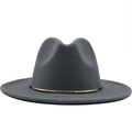 Dark grey wide brim fedora hat with a minimalist black band and gold metal accent - Gray