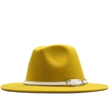Bright yellow wool felt fedora hat with white leather belt and silver buckle detail - M(56-58cm) / Yellow