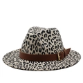 Close-up of leopard print fedora with brown leather belt and golden metal buckle - One Size (56-59cm) / Beige