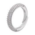 Adjustable silver open ring featuring three rows of micro-paved cubic zirconia stones - Platinum White Zirconia
