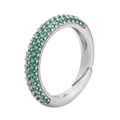 Macro detail of adjustable silver ring with triple rows of pavé emerald green zircons - Platinum Green Zirconia