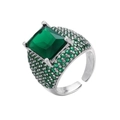 Close-up of adjustable silver ring with square green gemstone and micro pave setting - Platinum Green Zirconia