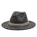 Detail of grey leopard print fedora hat featuring a studded ribbon and rhinestone trim - M (56-58cm) / Dark Gray