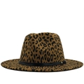 Klassieke fedora hoed met luipaardprint, brede rand en zwart leren band met gouden dop - M (56-58cm) / Khaki Luipaard