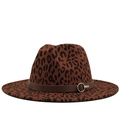 Brown leopard print wool fedora hat with a flat brim and leather band accessory - M (56-58cm) / Wine Red Leopard