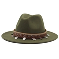 Detail view of olive green wool fedora with ethnic embroidery and metal coin pendants - Army Green