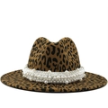 Cappello fedora classico in lana leopardata con elegante fascia decorata di perle bianche - M (56-58cm) / Cachi